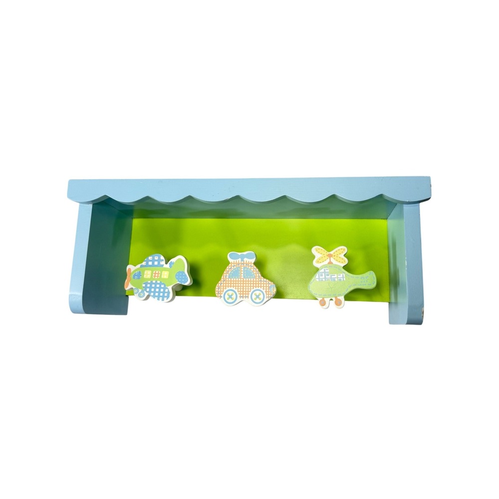 Wood Blue & Green Transportation Peg Holder Wall Shelf 12" Child Nursery Decor